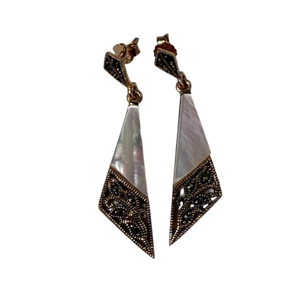 Art deco style mother of pearl and marcasite stone drop rose gold color earrings - Picture 1 of 3